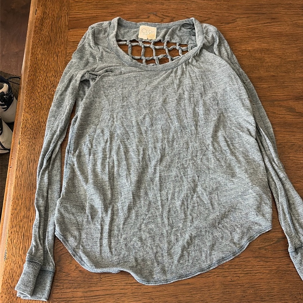 CHASER long sleeve heather grey top with boatneck & lattice back Size small